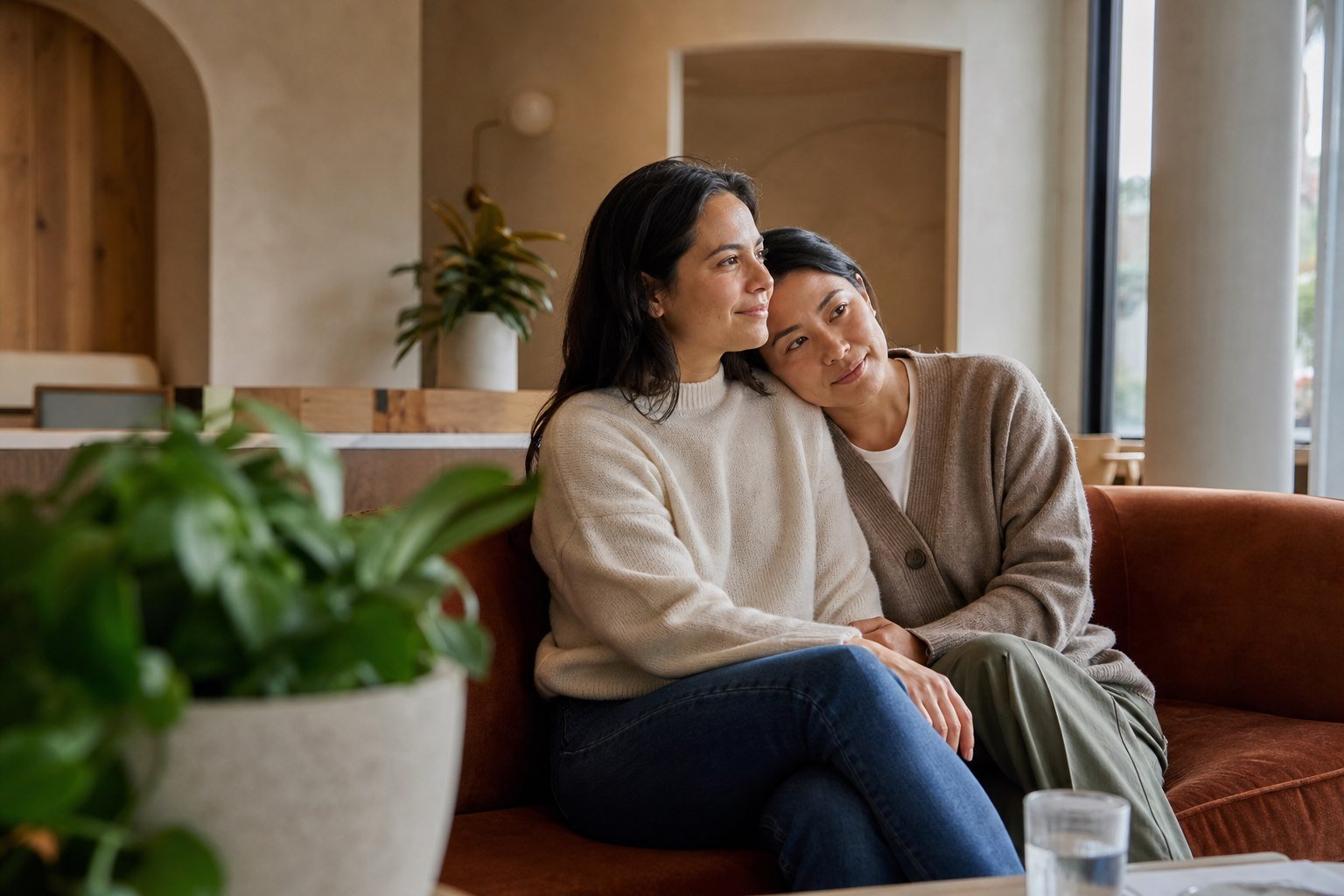 Two women together in a clinic lounge